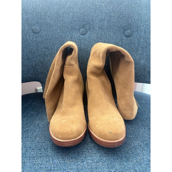 Nine West Whecee Tan Suede Tall Western Block Heel Boots Womens 7M Pull On - Picture 2 of 6